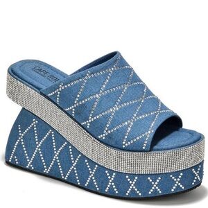 Cape Robbin Denim Blue and Rhinestone Accent Platform Sandals Size 9